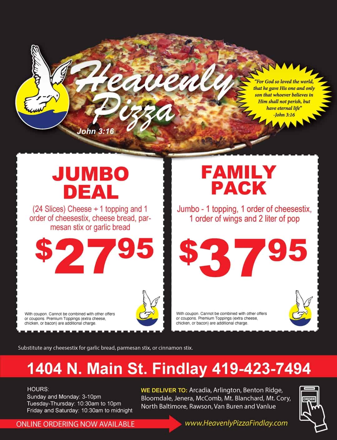 Specials Pizza Place Delivery Order Online Heavenly Pizza